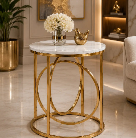 Premium Gold Marble Accent Side Table | Modern Luxury Round End Table