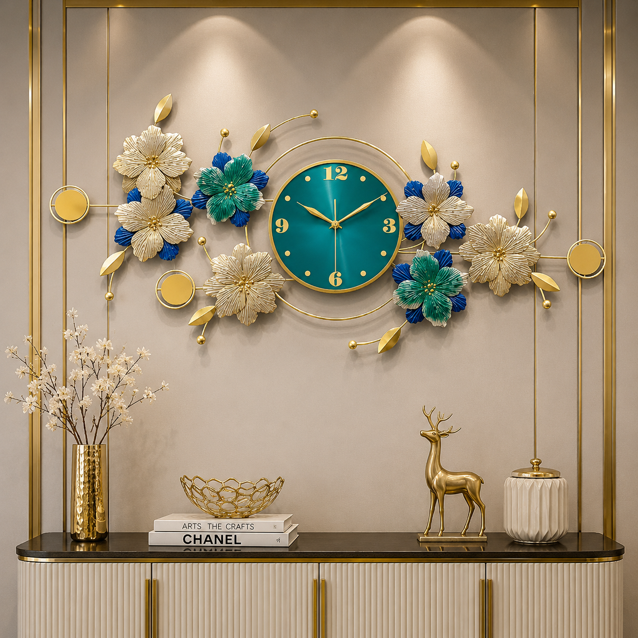 Royal Bloom Luxury Floral Metal Wall Clock – Teal & Gold Designer Statement Wall Décor