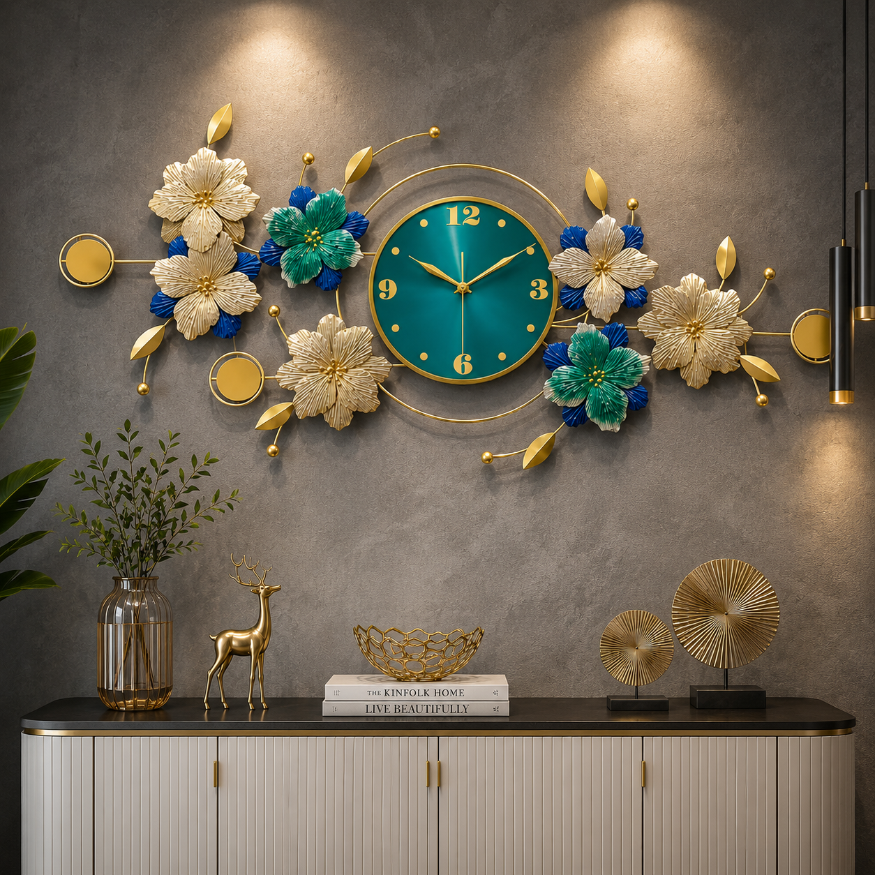 Royal Bloom Luxury Floral Metal Wall Clock – Teal & Gold Designer Statement Wall Décor