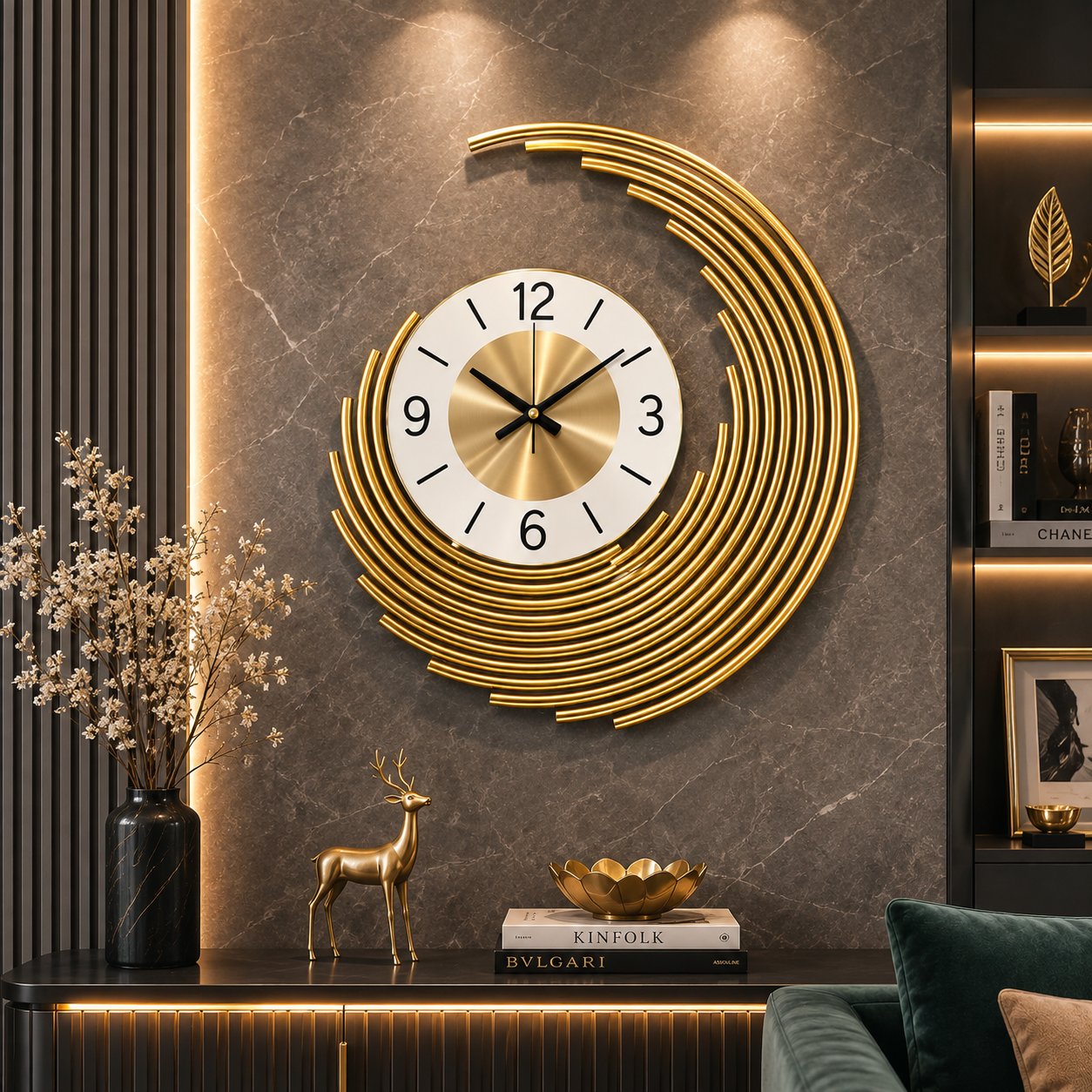 Luxe Arc Gold Metal Wall Clock – Modern Minimalist Designer Statement Décor