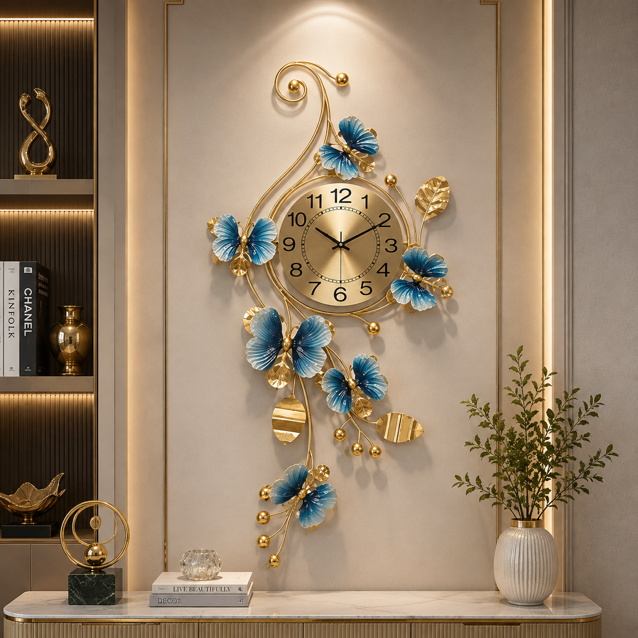 Royal Blue Blossom Luxury Wall Clock – Gold Floral Designer Metal Statement Décor