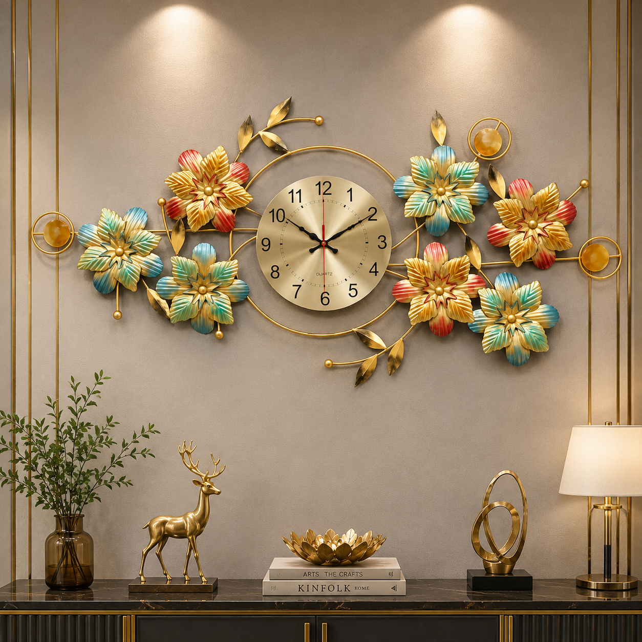 Regal Blossom Luxe Wall Clock – Teal, Coral & Gold Floral Designer Statement Décor