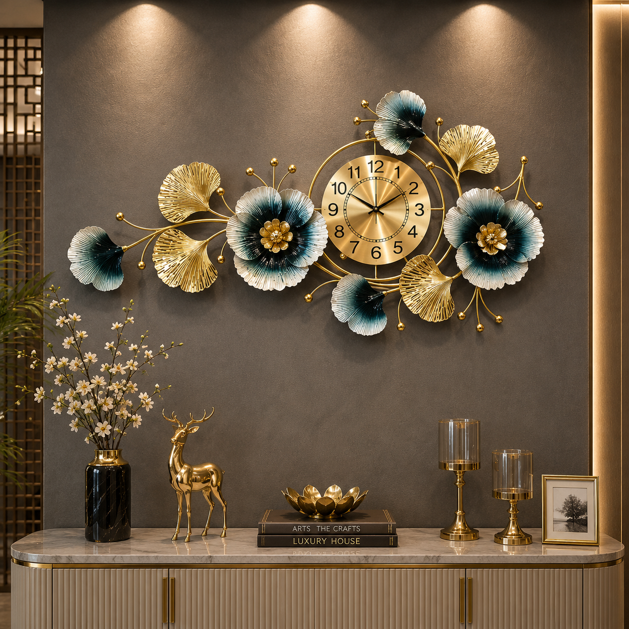 Royal Bloom Luxe Floral Wall Clock – Teal, Gold & Ivory Designer Metal Statement Décor