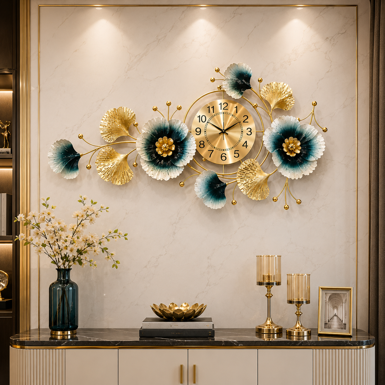 Royal Bloom Luxe Floral Wall Clock – Teal, Gold & Ivory Designer Metal Statement Décor
