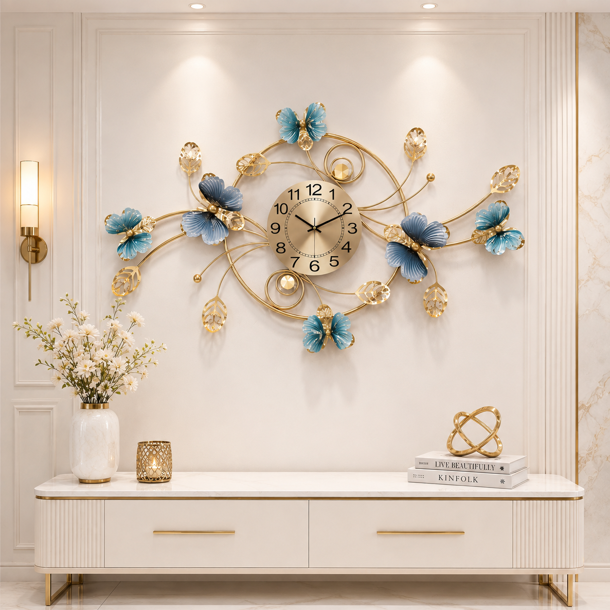 Azure Blossom Royale Wall Clock – Elegant Gold & Blue Floral Designer Statement Clock