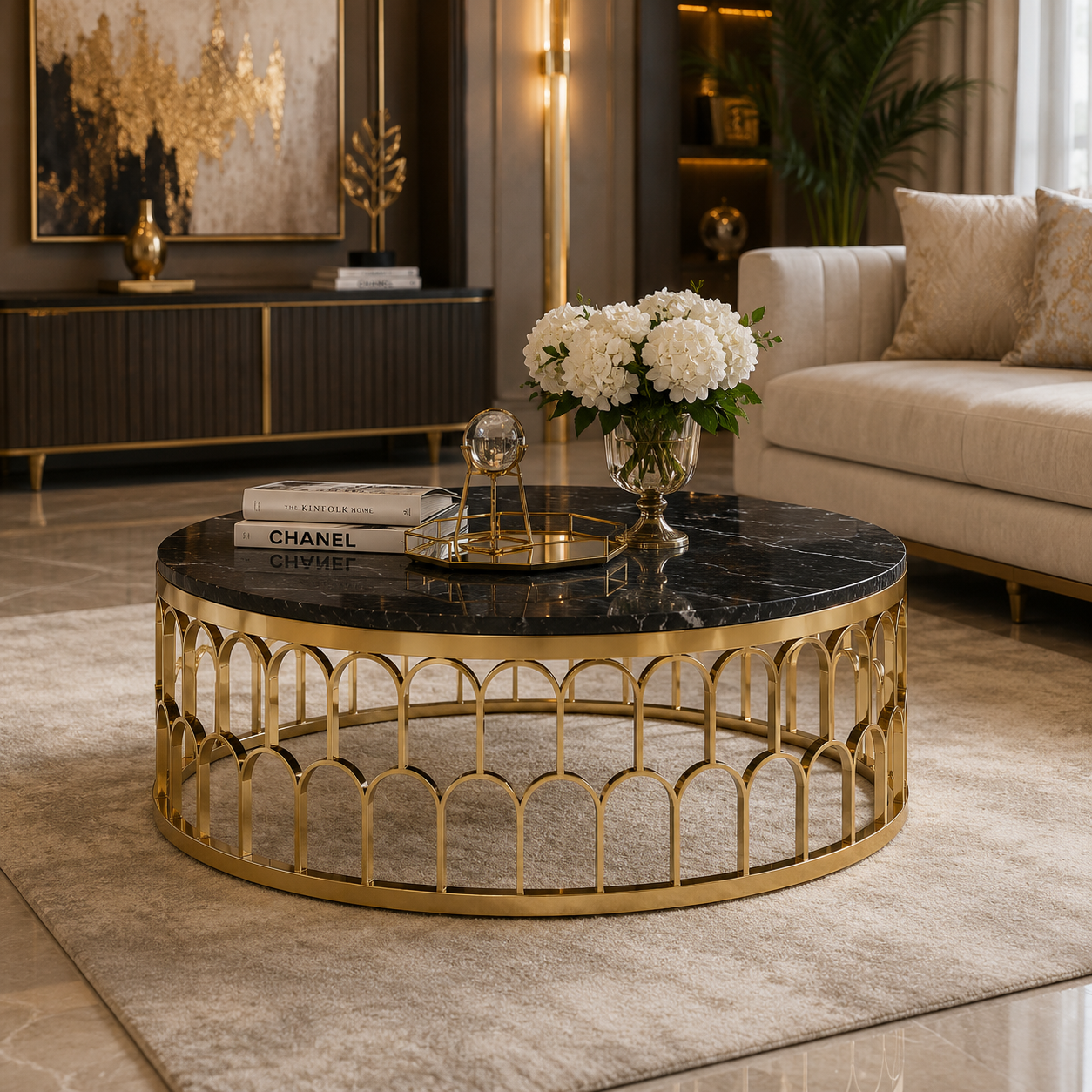 Regal Arch Luxe Coffee Table – Black Marble & Gold Designer Centre Table