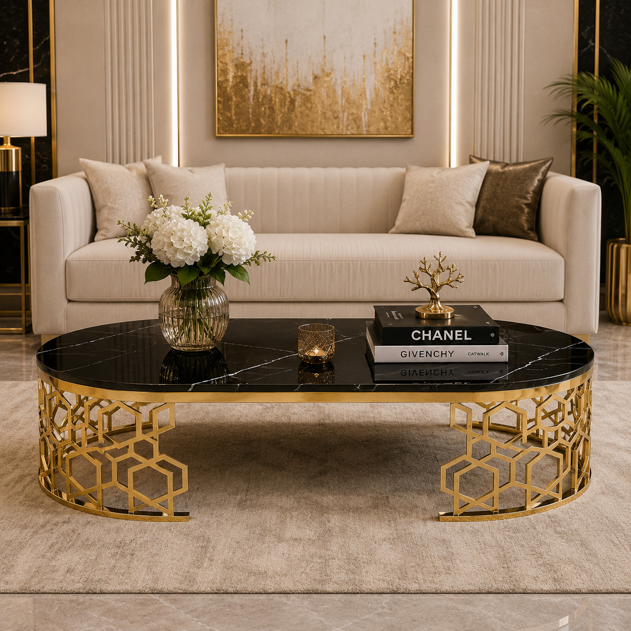 Luxury Geometric Gold & Black Marble Oval Center Table