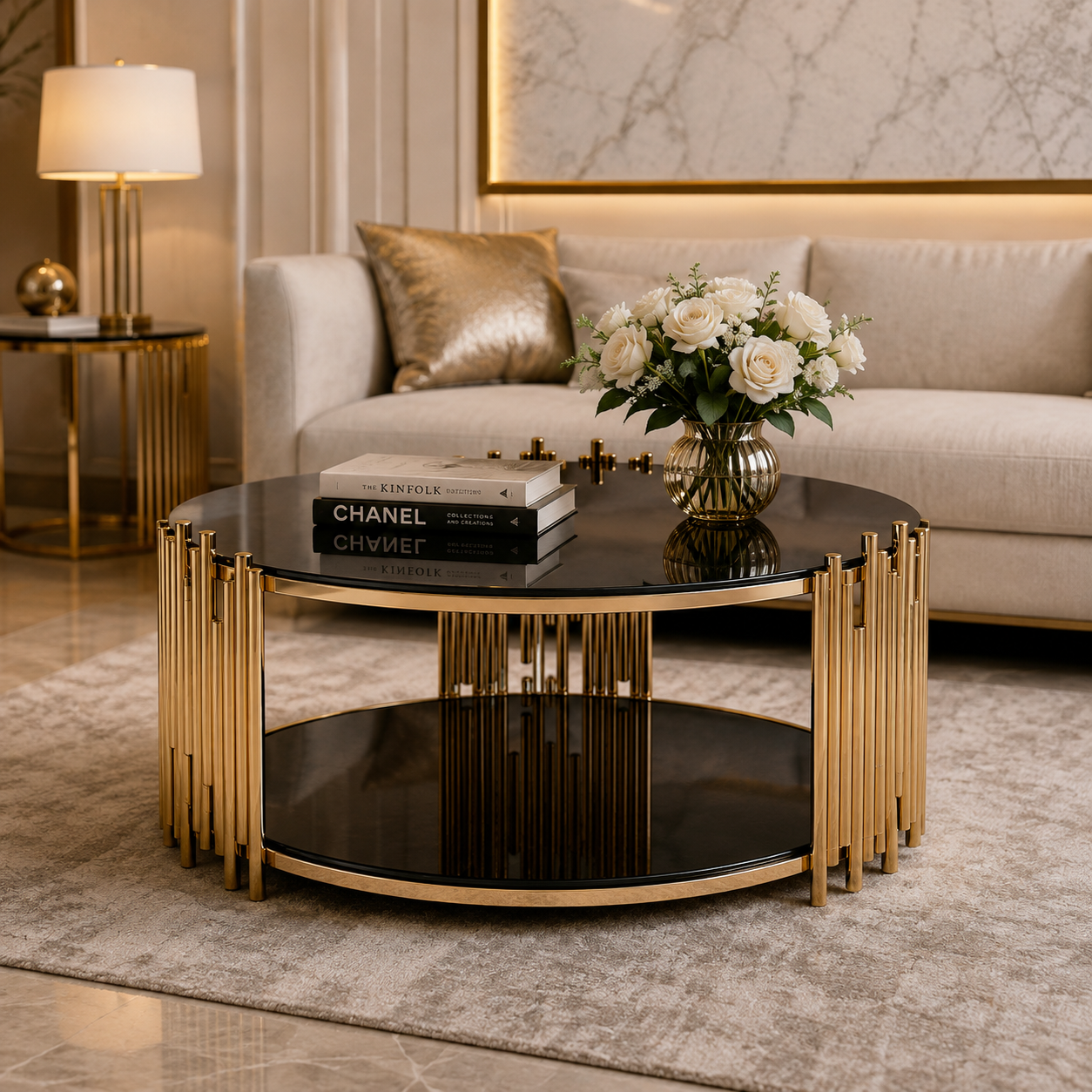 Regal Gold Round Center Table – Luxury Double-Tier Statement Design