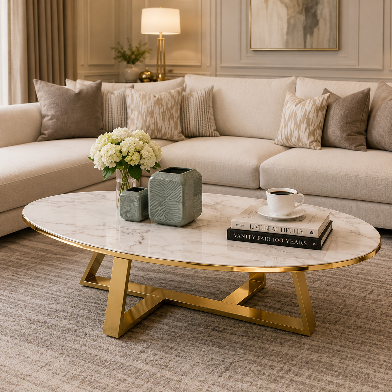 Luxe Oval Marble Center Table – Gold Trim Contemporary Designer Center Table