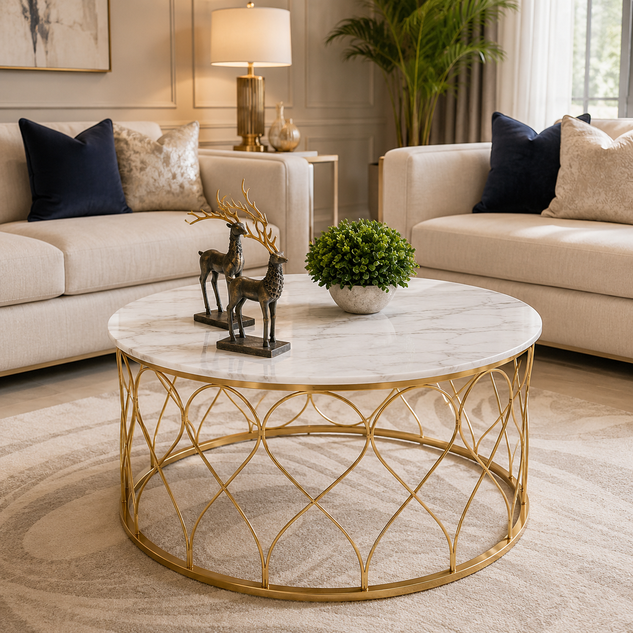 Luxe Round Marble Coffee Table – Gold Heart-Loop Designer Accent Table
