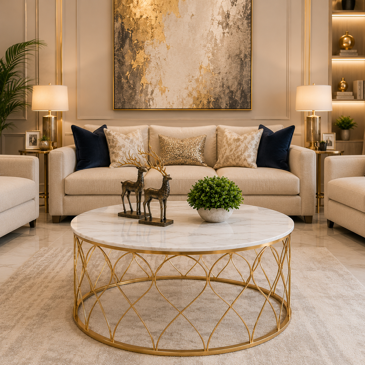 Luxe Round Marble Coffee Table – Gold Heart-Loop Designer Accent Table