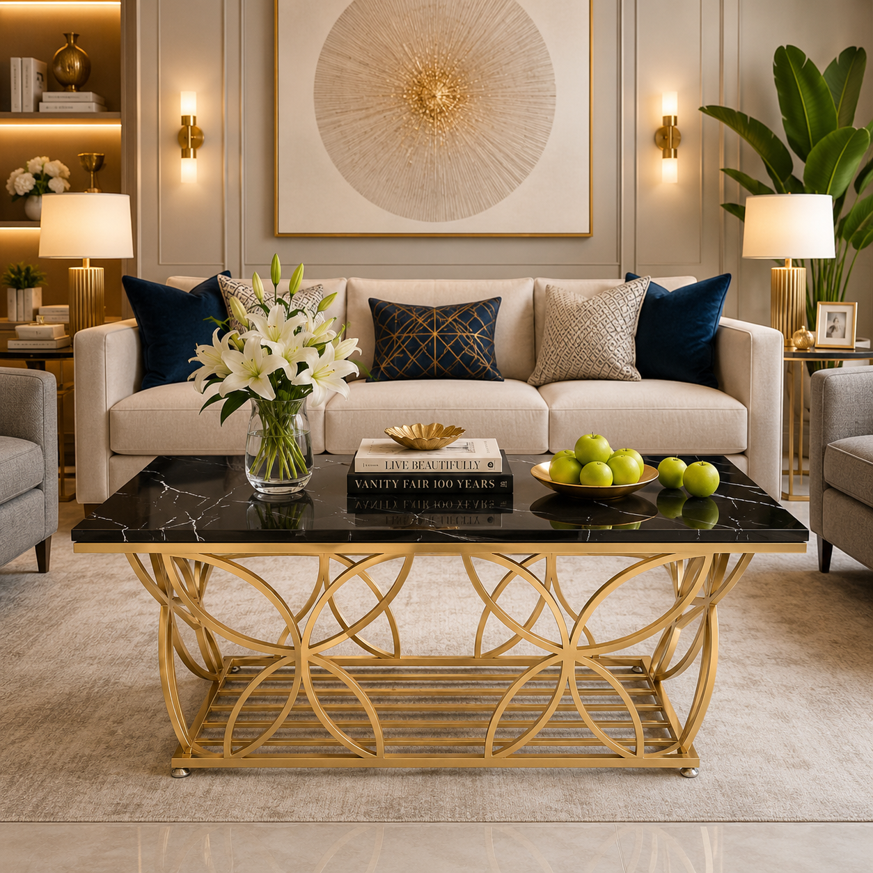 Luxe Black Glass Center Table – Gold Sculptural Geometric Designer Center Table