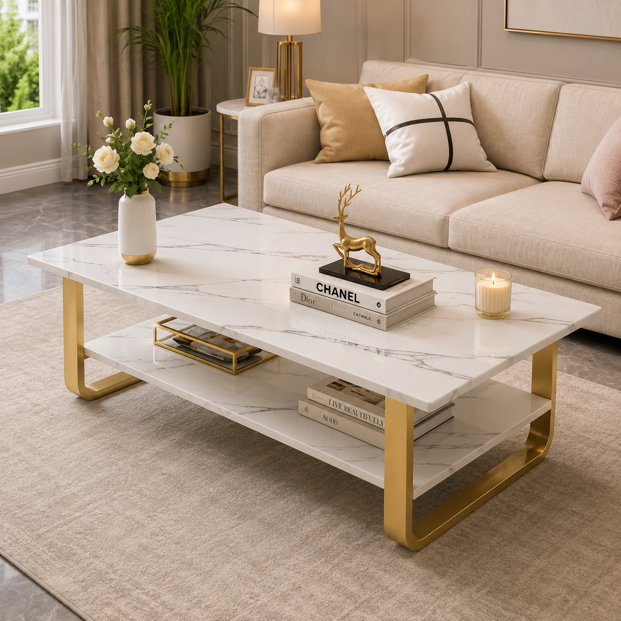 Luxe White Marble Center Table – Gold Frame Contemporary Designer Center Table
