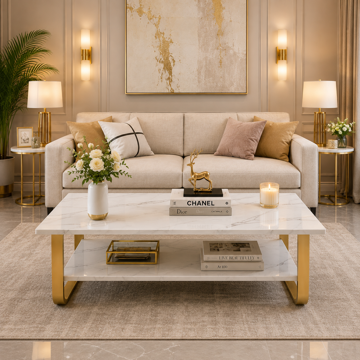 Luxe White Marble Center Table – Gold Frame Contemporary Designer Center Table