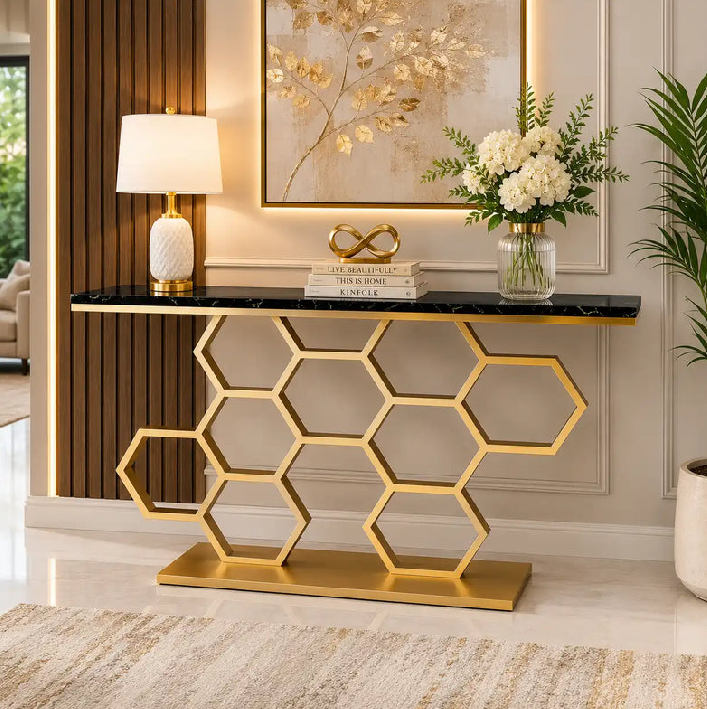 Luxury Gold Honeycomb Console Table with Black Marble Top