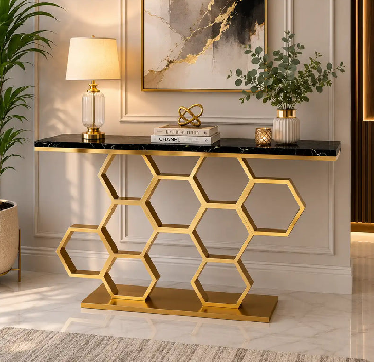 Luxury Gold Honeycomb Console Table with Black Marble Top