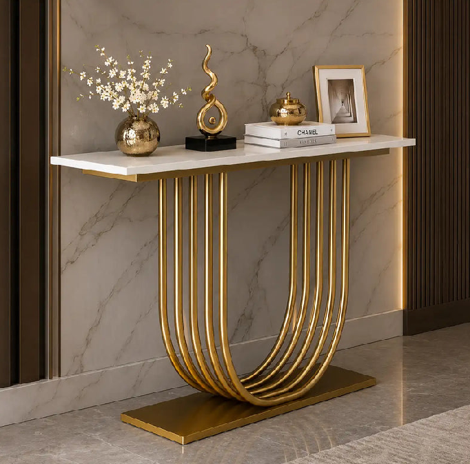 Premium Interlocking Gold Base Console Table with Marble Top – Modern Luxury Entryway & Hallway Table