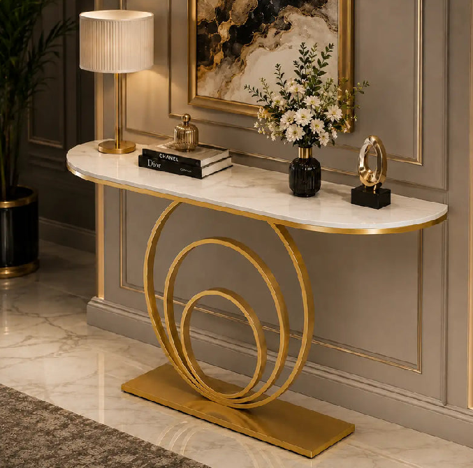 Royal Gold Circular Elegance Console Table with Marble Top